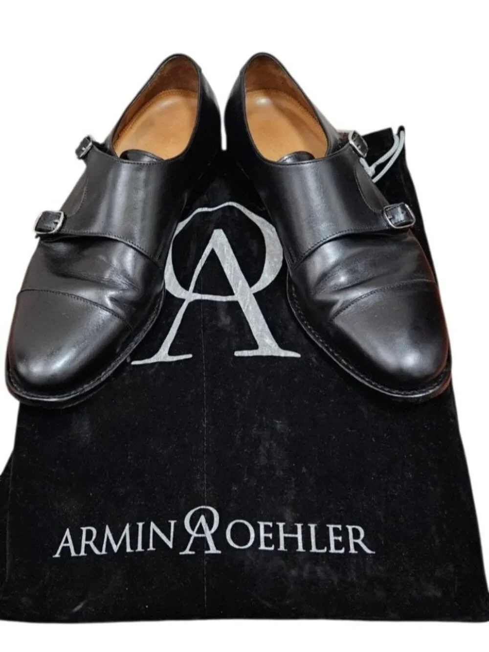 Armin Oehler Men’s Black Leather Double Monk Strap Cap Toe Dress Shoes US 10